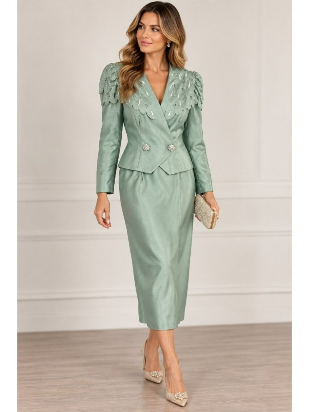 Vintage Karen Lawrence by Matthew Seafoam Green Dress Jacket Set Rhinestone 2 Pc
